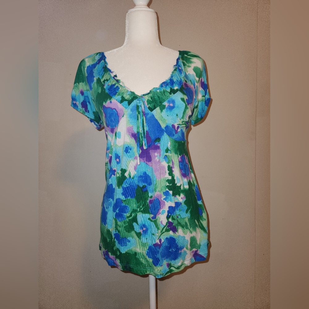Watercolor Blue Green Purple Floral Babydoll Cap Sleeve Top Small S EUC